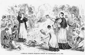 Katholieke priesters die bijbels verbranden in Champlain, New York, illustratie uit een anti-katholiek pamflet, 1842 door American School