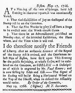 Viering van de intrekking van de Zegelwet, uit de Boston Gazette, 19 mei 1766