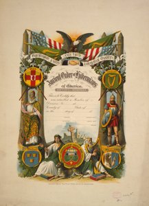 Lidmaatschapsbewijs van de Ancient Order of Hibernians of America, ca. 1894 (kleur lithografie)