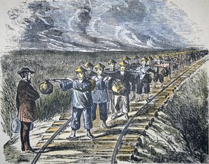 Charles Crocker (1822-88) en zijn Chinese arbeidskrachten bouwen de Central Pacific Railroad, voltooid in 1869 door American School