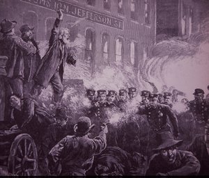 Chicago Haymarket Arbeidersoproer van 1886, gravure gepubliceerd in Harper