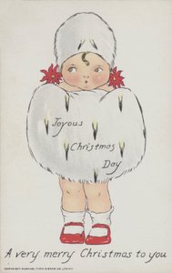 Kerstwenskaart met afbeelding van een kind met een kerstmuts en -muts. (chromolitho) door American School