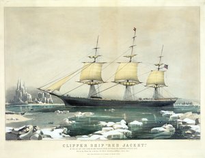 Clipper Ship Red Jacket in het ijs bij Kaap Hoorn, op haar reis van Australië naar Liverpool, augustus 1854, uitgegeven door N. Currier, 1855