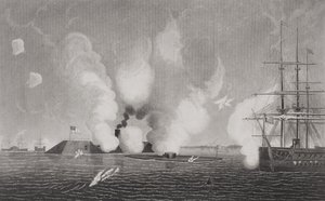 Gevecht tussen de Geconfedereerde CSS Virginia (links) en de Unie USS Monitor (midden) op 9 maart 1862 bij Hampton Roads, Virginia door American School