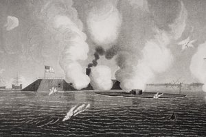 Gevecht tussen de Geconfedereerde CSS Virginia (links) en de Unie USS Monitor (rechts) op 9 maart 1862 bij Hampton Roads, Virginia (detail) door American School
