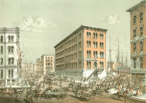 Hoek van Clark en South Water Street, uit Chicago Illustrated, met literaire beschrijvingen door James W. Sheahan, uitgegeven door Jevne & Almini, Chicago, 1866-67