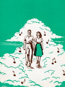 Koppel wandelend in de wolken omringd door muzieknoten door American School
