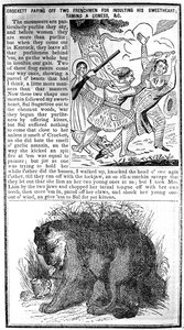 Davy Crockett die twee Fransen afbetaalt voor het beledigen van zijn geliefde, het temmen van een leeuwin, enz., illustratie uit Crocketts Almanak door American School
