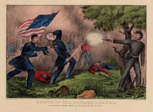 Dood van Col. Edward D. Baker, bij de Slag van Balls Bluff nabij Leesburg VA., 21 oktober 1861, uitgegeven door Currier & Ives, ca. 1861 door American School