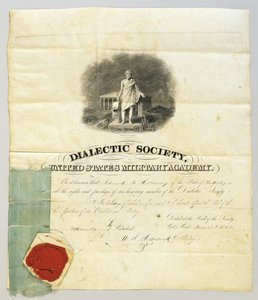 Document ondertekend door Ulysses S. Grant als president van de Dialectische Vereniging op de West Point Militaire Academie, 20 juni 1843