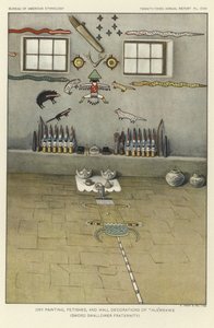 Droogschilderingen, fetisjen en muurdecoraties van Thlewekwe (broederschap van zwaardvechters) (kleurenlitho) door American School