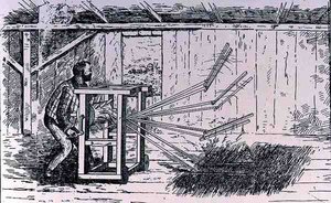 Vroege pogingen tot dorsmachines, illustratie uit The Growth of Industrial Art, 1892, uit The Pageant of America, Vol.3, door Ralph Henry Gabriel, 1926 door American School
