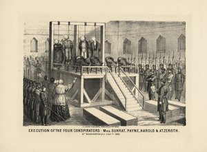 Executie van de vier samenzweerders: Mrs Surrat, Payne, Harold & Atzerith in Washington DC, 7 juli 1865, uitgegeven 1865 door American School