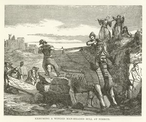 Opgraving van een gevleugelde man-hoofdige stier in Nimrud