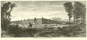 Buitenaanzicht van de gevangenis in Millen, november 1864 door American School