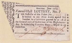 Faneuil-Hall-loterijticket, ondertekend door John Hancock (1737-93) 1765 door American School