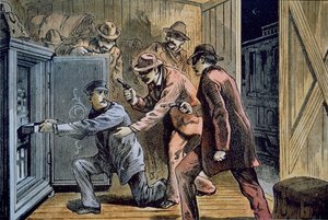 Frank en Jesse James bende beroven de expreswagen van een trein in 1879