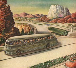 Futuristische passagiersbus op een snelweg in het Amerikaanse zuidwesten door American School