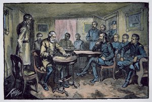 Generaal Robert E. Lee (1807-70) geeft zich over aan generaal Ulysses S. Grant (1822-85) bij Appomattox Courthouse, 9 april 1865 door American School