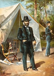 Generaal Ulysees S Grant voor zijn tent tijdens de Amerikaanse Burgeroorlog, uitgegeven 1892