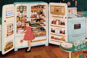 Meisje Haalt een Roze Taart uit een Enorme Koelkast Vol met Eten door American School