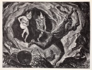 Kabouters die een mijnwerker bang maken, uit The World Guide to Gnomes, Fairies, Elves and Other Little People door Thomas Keightley (1789-1872) gepubliceerd 1880 door American School