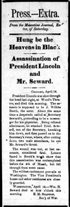 Kop die de moord op Abraham Lincoln (1809-65) en de poging tot moord op William Seward (1801-72) aankondigt uit Press Extra, 15 april 1865 door American School