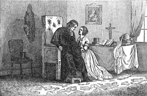 Illustratie uit een anti-katholiek pamflet die een jonge vrouw toont die wordt verleid door een priester