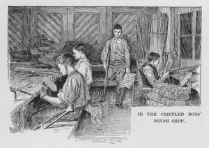 In de borstelwerkplaats van de kreupele jongens (litho) door American School