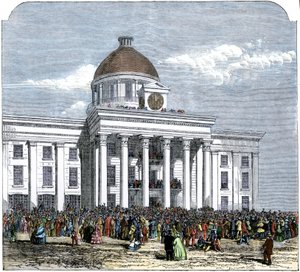 Inauguratie van president Jefferson Davis als Hwas van de Geconfedereerde Staat van Amerika, stadhuis van Montgomery, Alabama door American School