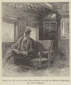 Interieur van een wagon op de Lehigh Valley Railroad, met de methode van het bedienen van de trein telegraaf door American School