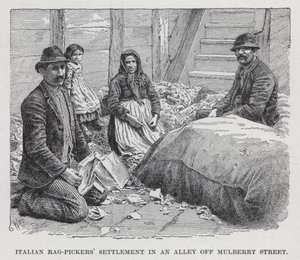 Italiaanse voddenrapers nederzetting in een steegje bij Mulberry Street (litho) door American School