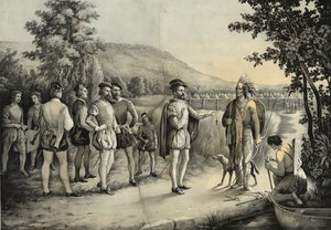 Jacques Cartier, zijn eerste ontmoeting met de Indianen in Hochelaga nu Montreal in 1535, ca. 1850 door American School