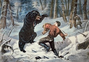 Jedediah Smith (1799-1831) aangevallen door een Grizzlybeer, ca. 1861 (kleur litho)