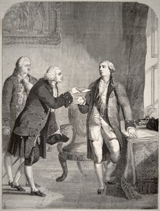 John Adams (1735-1826) als de eerste Amerikaanse ambassadeur aan het Engelse hof, die zijn geloofsbrieven overhandigt aan koning George III (1738-1820)