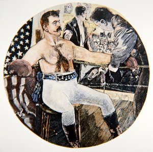 John L. Sullivan tijdens zijn gevecht met James J. Corbett in New Orleans door American School