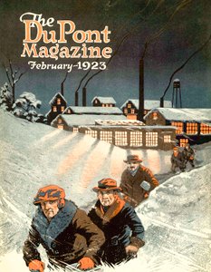 Vertrek van werk in de sneeuw, vooromslag van het DuPont Magazine, februari 1923