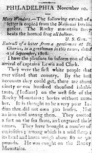 Brief waarin de aankomst van kapiteins Lewis en Clark wordt aangekondigd, uit The Boston Intelligencer, 19 november 1806 door American School