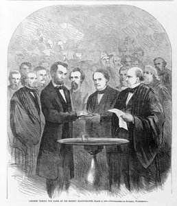 Lincoln legt de eed af bij zijn tweede inauguratie, 4 maart 1865, gepubliceerd 1865 door American School