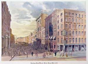 Uitzicht op Broad Street vanaf Wall in 1873, illustratie uit Old New York, gisteren en vandaag door Henry Collins Brown, 1922