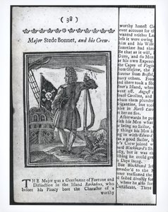 Majoor Stepe Bonnet, pagina 38 uit Geschiedenis en levens van alle beruchtste piraten en hun bemanningen, Londen, 1725 door American School