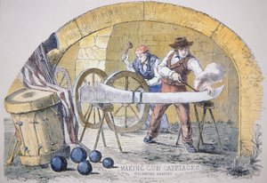 Confederate kanonwagens maken bij de Tredegar Iron Works in Richmond, Virginia (gekleurde gravure)