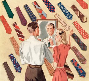 Man recht zijn stropdas in de spiegel te midden van een display van vele mannenstropdassen door American School