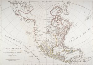 Kaart die Noord-Amerika toont zoals verdeeld door de Europese mogendheden, 1774