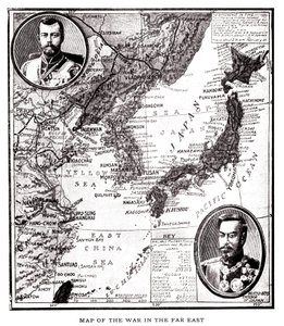 Kaart van oostelijk Rusland, Korea en Japan tijdens het Japans-Russische conflict (1904-1905). In medaillon, Tsaar Nicolaas II van Rusland (1868-1918) en Keizer Meiji van Japan (1852-1912). Illustratie, in 