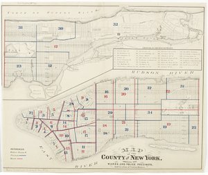 Kaart van de County of New York, met de Wijken en Politieprecincten, en Locatie van Politiebureaus., 1870