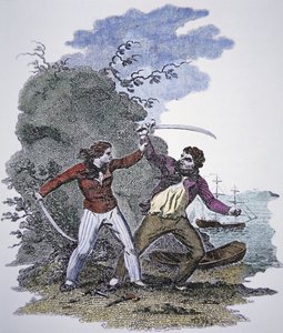 Mary Read vecht met een andere piraat om het leven van haar mannelijke geliefde te redden