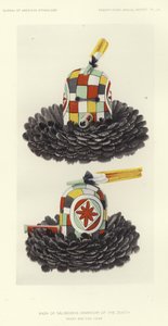 Masker van Salimobiya (krijger) van het zenit - voor- en zijaanzicht (kleurenlitho) door American School