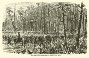 McClernands korps dat door de moerassen marcheert, maart 1863
