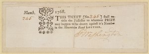 Mountain Road-loterijticket, ondertekend door George Washington (1732-99) 1768 door American School